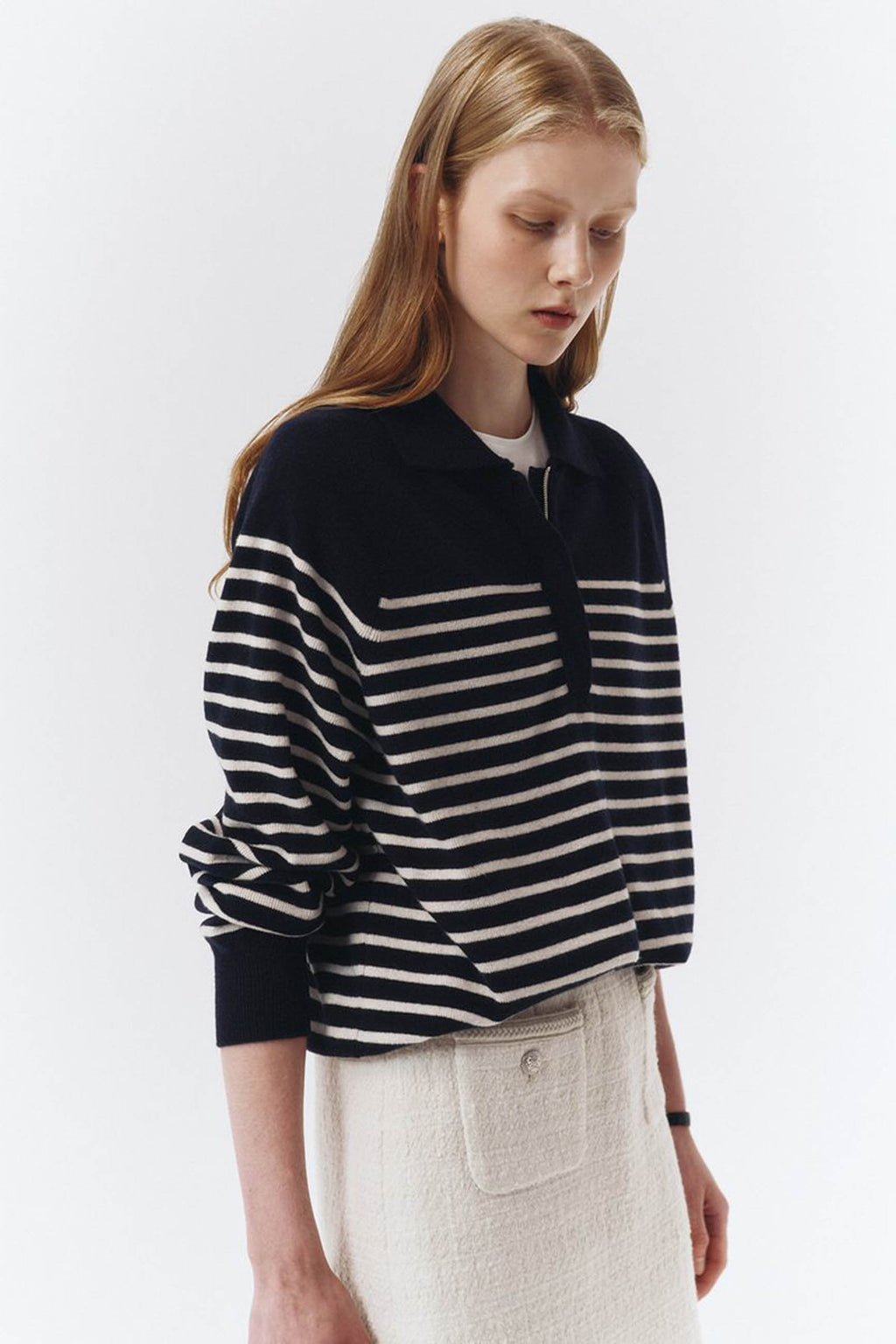 Unisex Striped Half Zip-Up Sweater - french navy