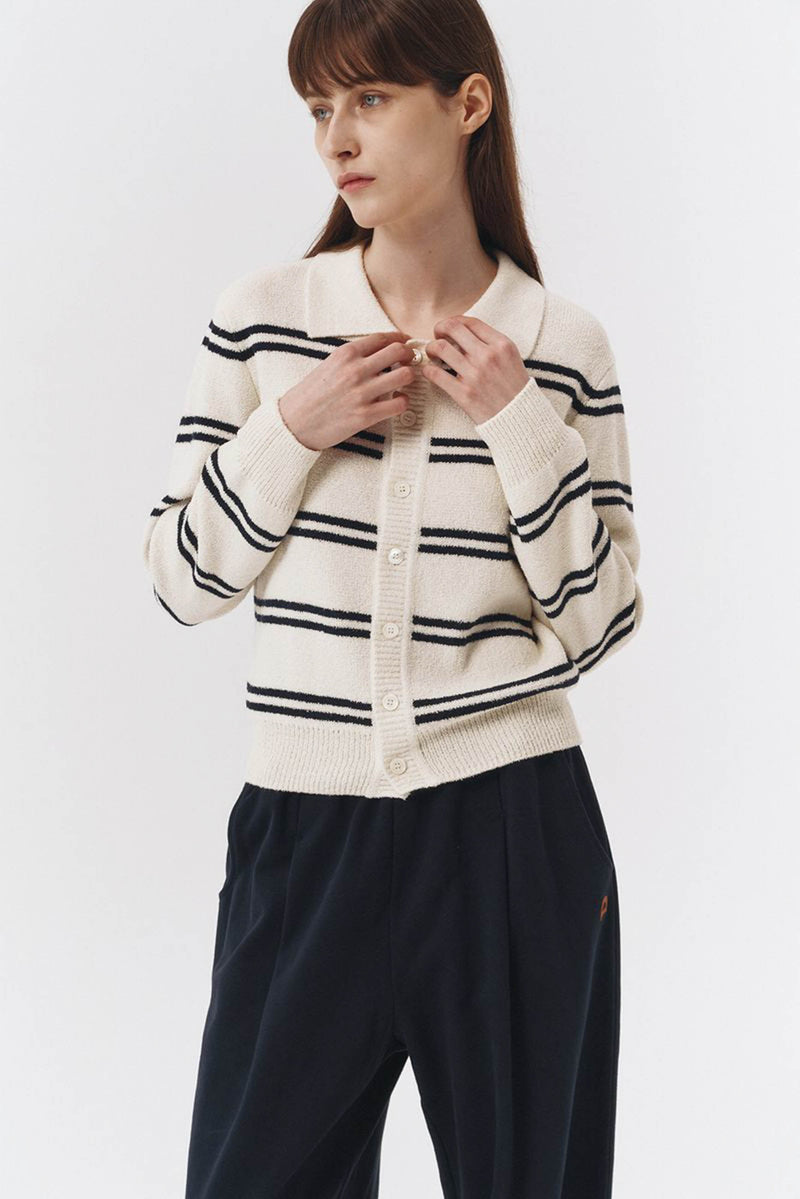 Unisex Open Collar Knit Cardigan - cream/navy