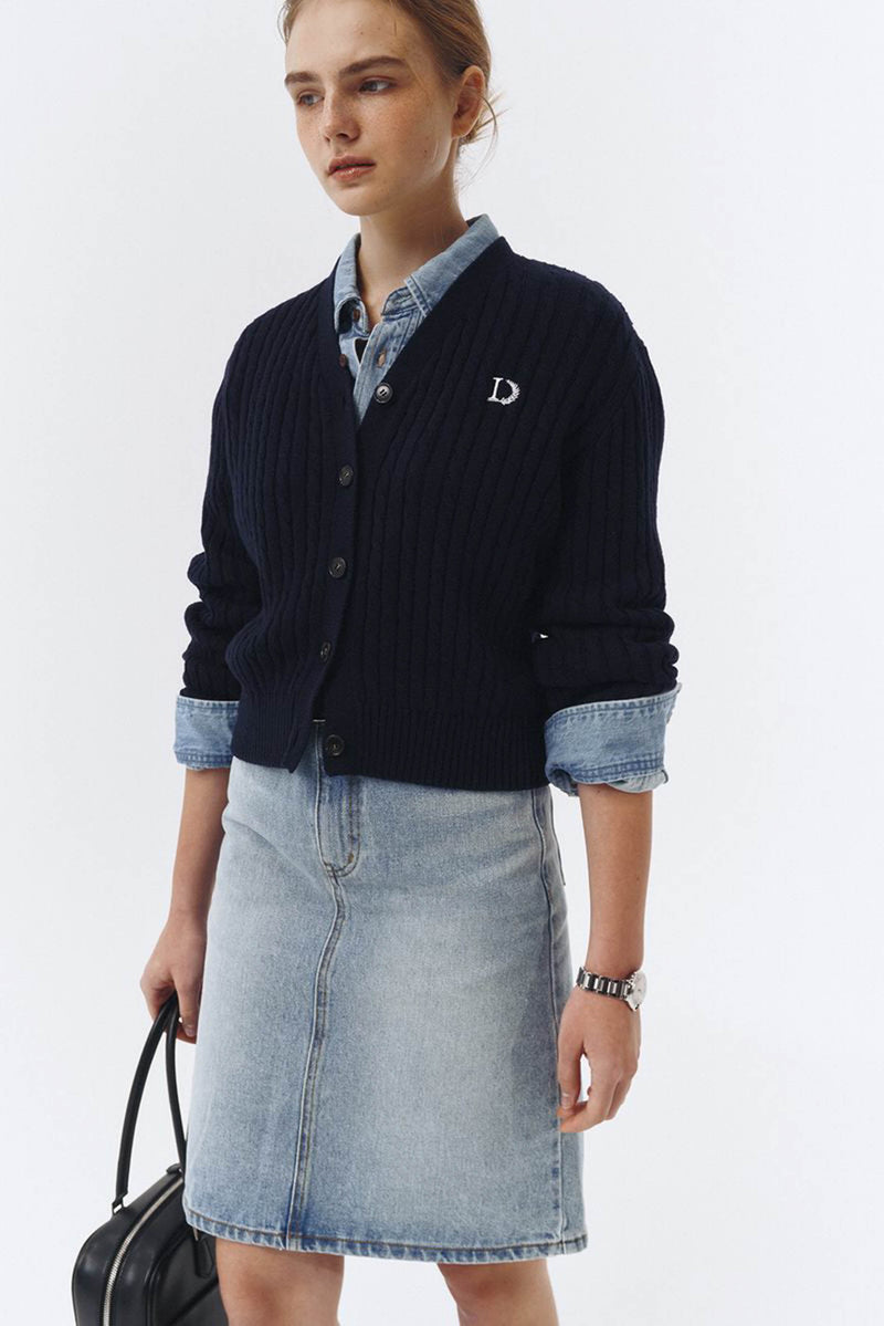 Crest Logo Cable Cardigan - french navy