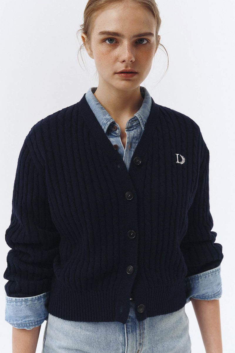 Crest Logo Cable Cardigan - french navy