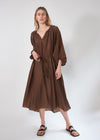 V-Neck Belted Dress - brown