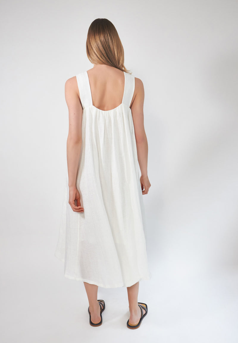 LINEN SQUARE - NECK SHIRRING DRESS - white