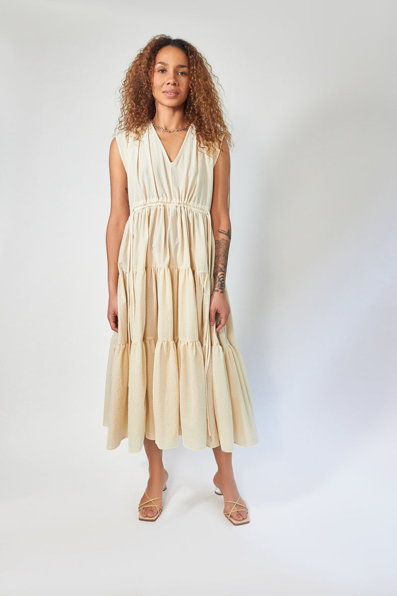 Shirring Tiered Dress - cream