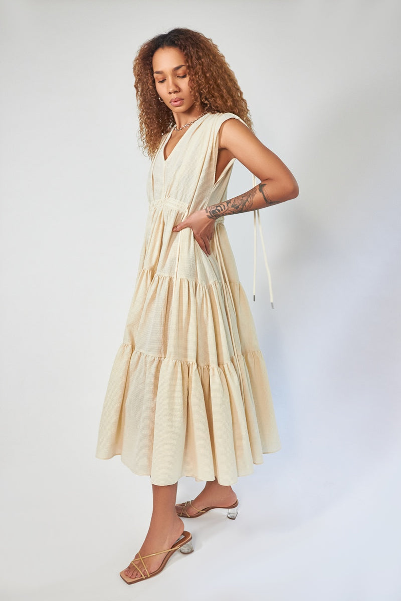 Shirring Tiered Dress - cream