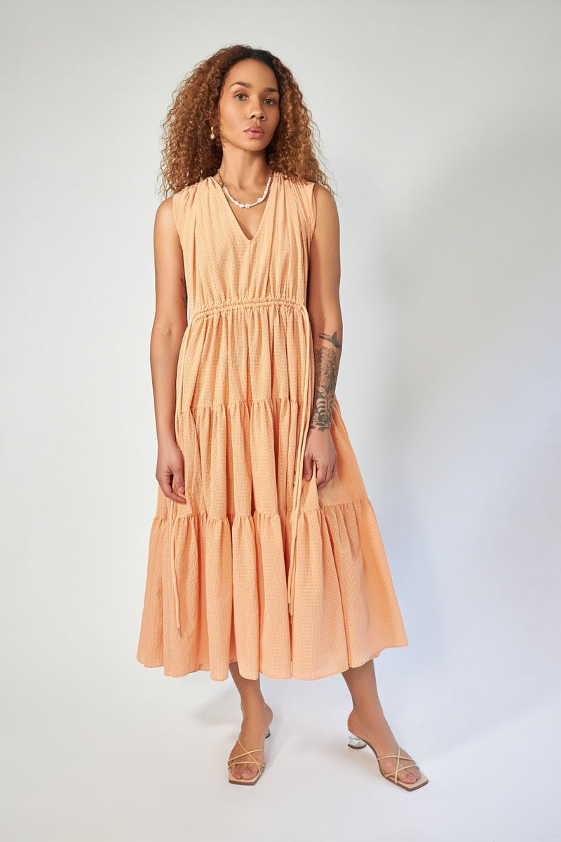 Shirring Tiered Dress - apricot